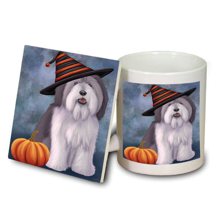 Happy Halloween Polish Lowland Sheepdog Wearing Witch Hat with Pumpkin Mug and Coaster Set MUC54979