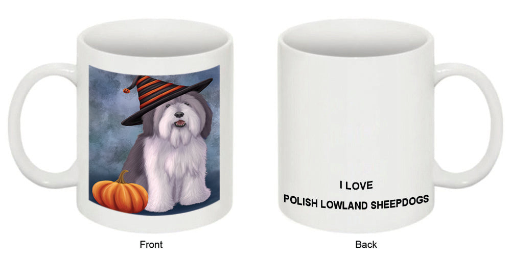 Happy Halloween Polish Lowland Sheepdog Wearing Witch Hat with Pumpkin Coffee Mug MUG50385