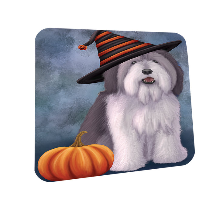 Happy Halloween Polish Lowland Sheepdog Wearing Witch Hat with Pumpkin Coasters Set of 4 CST54945