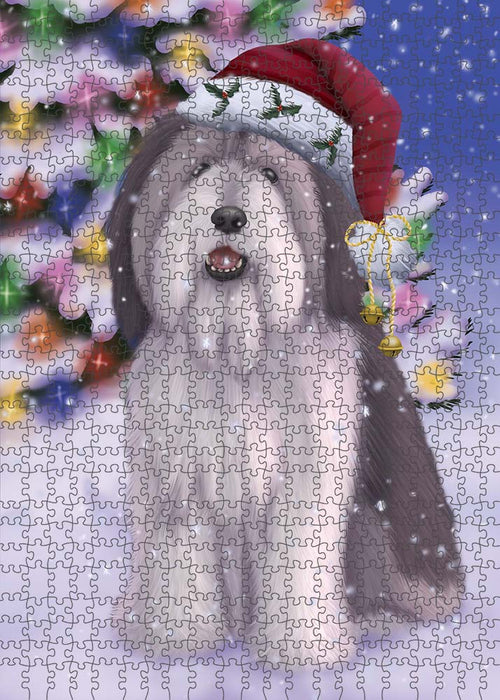 Winterland Wonderland Polish Lowland Sheepdog In Christmas Holiday Scenic Background Puzzle with Photo Tin PUZL91056