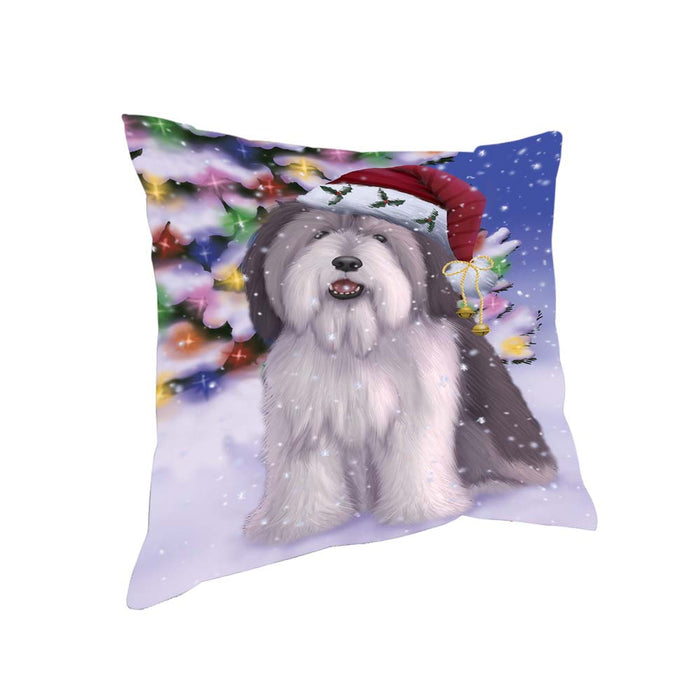 Winterland Wonderland Polish Lowland Sheepdog In Christmas Holiday Scenic Background Pillow PIL71780