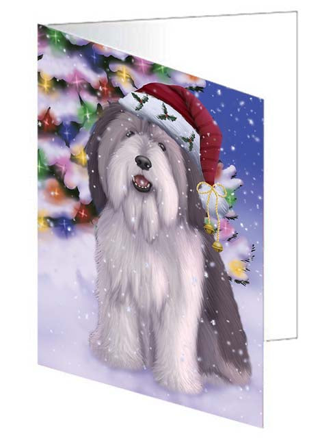 Winterland Wonderland Polish Lowland Sheepdog In Christmas Holiday Scenic Background Handmade Artwork Assorted Pets Greeting Cards and Note Cards with Envelopes for All Occasions and Holiday Seasons GCD71654