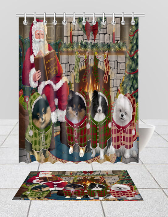 Christmas Cozy Holiday Fire Tails Pomeranian Dogs Bath Mat and Shower Curtain Combo