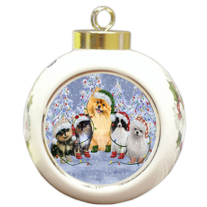 Christmas Lights and Pomeranian Dogs Round Ball Christmas Ornament Pet Decorative Hanging Ornaments for Christmas X-mas Tree Decorations - 3" Round Ceramic Ornament