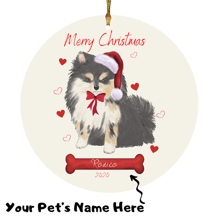 Personalized Merry Christmas  Pomeranian Dog Christmas Tree Round Flat Ornament RBPOR58989