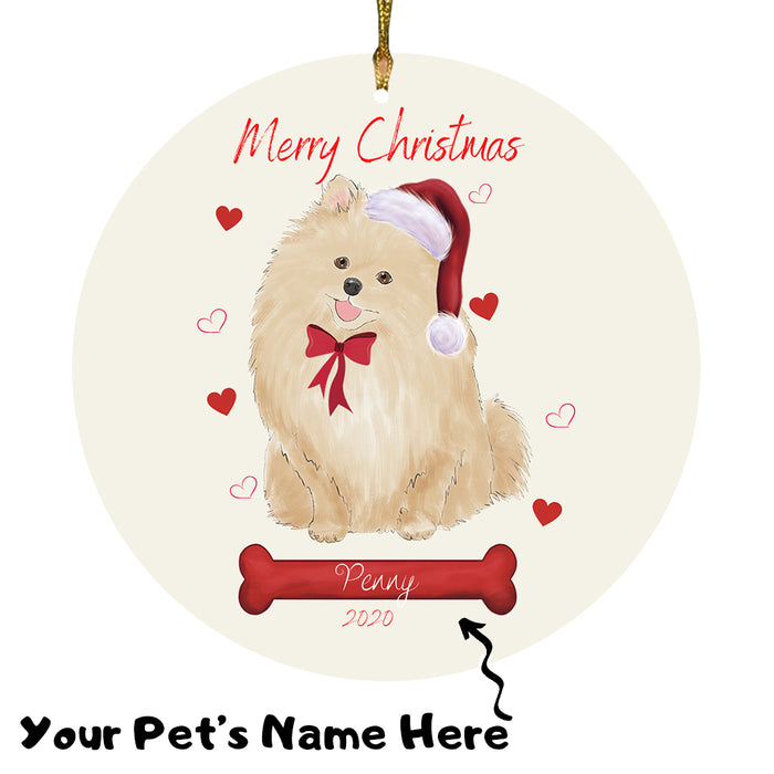 Personalized Merry Christmas  Pomeranian Dog Christmas Tree Round Flat Ornament RBPOR58990