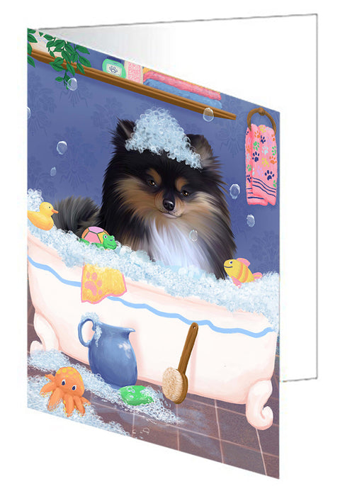 Rub A Dub Dog In A Tub Pomeranian Dog Handmade Artwork Assorted Pets Greeting Cards and Note Cards with Envelopes for All Occasions and Holiday Seasons GCD79559