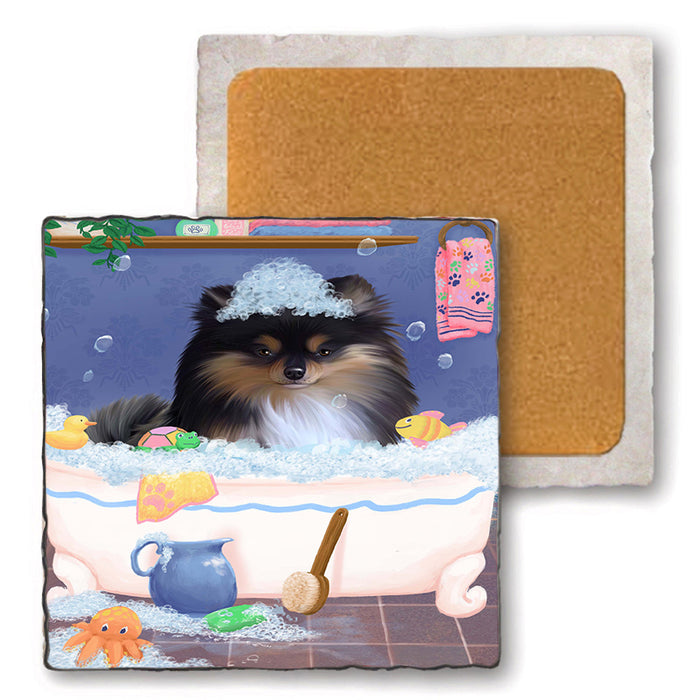 Rub A Dub Dog In A Tub Pomeranian Dog Set of 4 Natural Stone Marble Tile Coasters MCST52415