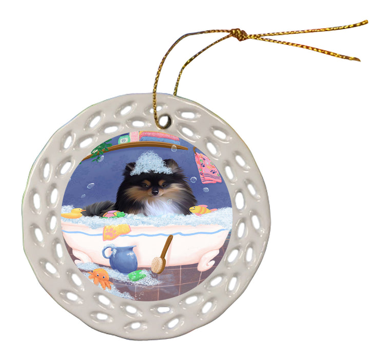 Rub A Dub Dog In A Tub Pomeranian Dog Doily Ornament DPOR58306