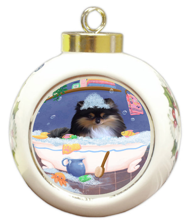 Rub A Dub Dog In A Tub Pomeranian Dog Round Ball Christmas Ornament RBPOR58639