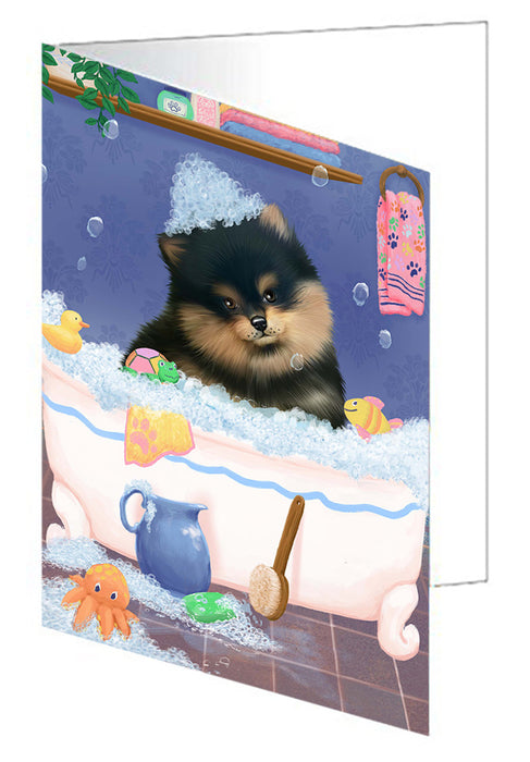 Rub A Dub Dog In A Tub Pomeranian Dog Handmade Artwork Assorted Pets Greeting Cards and Note Cards with Envelopes for All Occasions and Holiday Seasons GCD79565