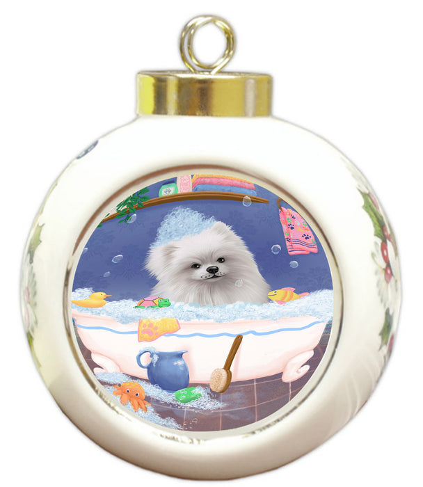 Rub A Dub Dog In A Tub Pomeranian Dog Round Ball Christmas Ornament RBPOR58642