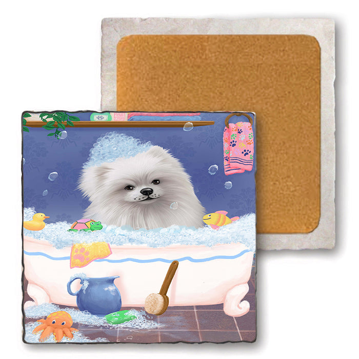 Rub A Dub Dog In A Tub Pomeranian Dog Set of 4 Natural Stone Marble Tile Coasters MCST52418