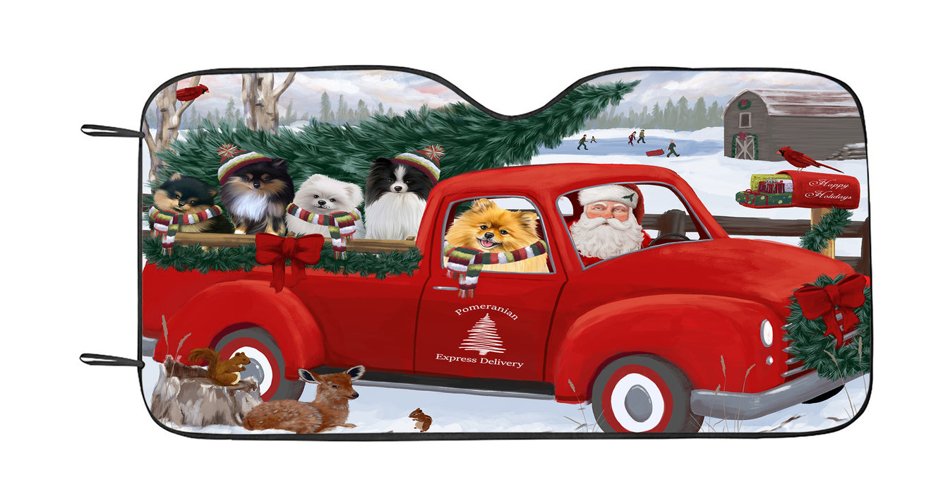Christmas Santa Express Delivery Red Truck Pomeranian Dogs Car Sun Shade
