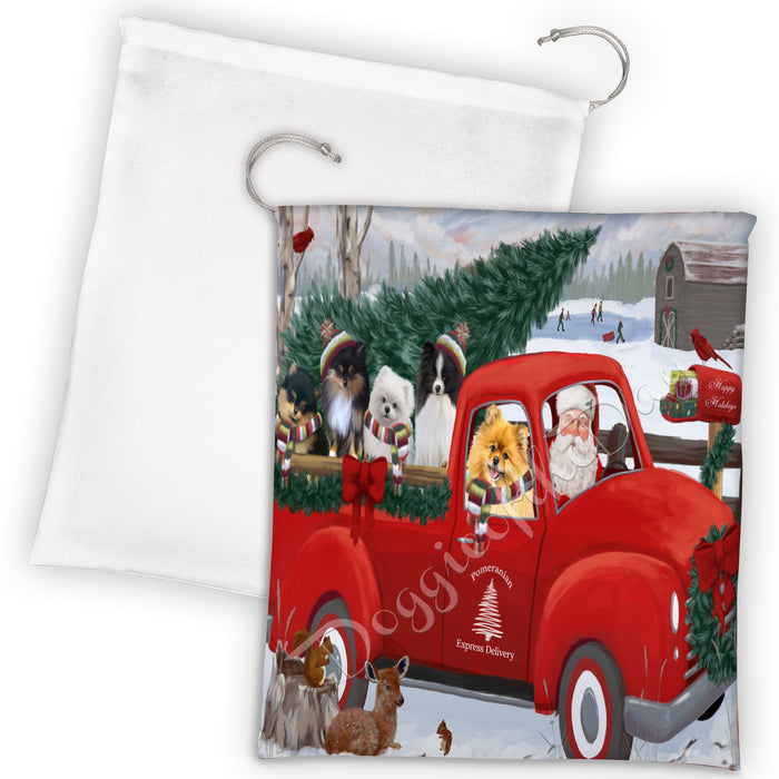 Christmas Santa Express Delivery Red Truck Pomeranian Dogs Drawstring Laundry or Gift Bag LGB48328