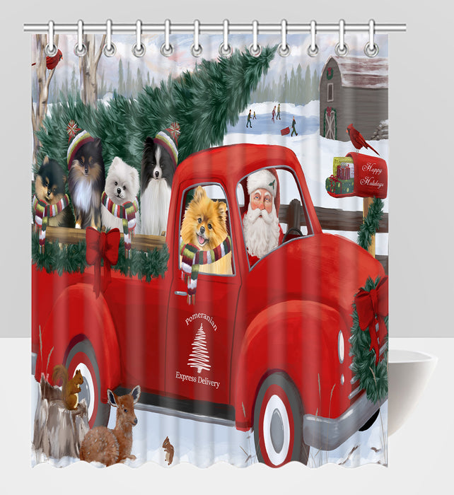 Christmas Santa Express Delivery Red Truck Pomeranian Dogs Shower Curtain