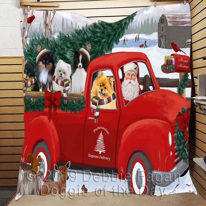 Christmas Santa Express Delivery Red Truck Pomeranian Dogs Quilt