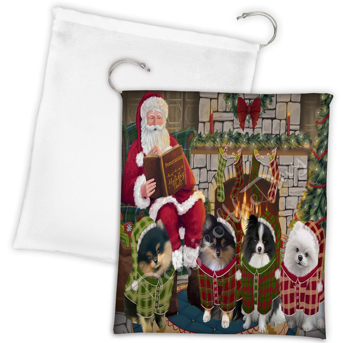 Christmas Cozy Holiday Fire Tails Pomeranian Dogs Drawstring Laundry or Gift Bag LGB48522