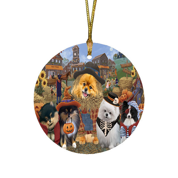 Halloween 'Round Town And Fall Pumpkin Scarecrow Both Pomeranian Dogs Round Flat Christmas Ornament RFPOR57594