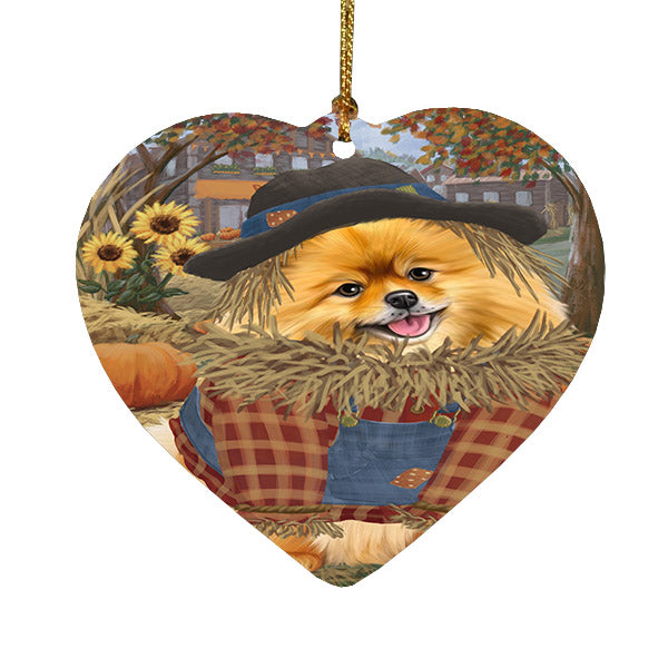 Fall Pumpkin Scarecrow Pomeranian Dogs Heart Christmas Ornament HPOR57751