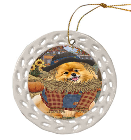 Fall Pumpkin Scarecrow Pomeranian Dogs Ceramic Doily Ornament DPOR57751