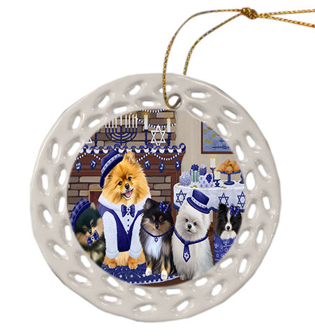 Happy Hanukkah Family Pomeranian Dogs Ceramic Doily Ornament DPOR57720
