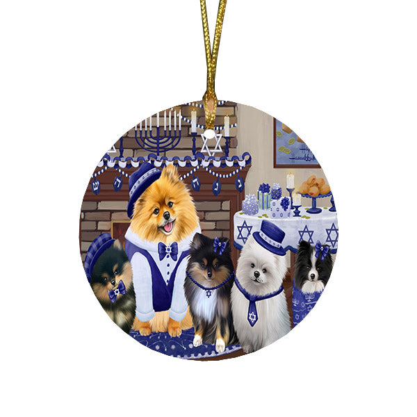 Happy Hanukkah Family and Happy Hanukkah Both Pomeranian Dogs Round Flat Christmas Ornament RFPOR57624