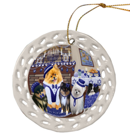 Happy Hanukkah Family Pomeranian Dogs Doily Ornament DPOR57904