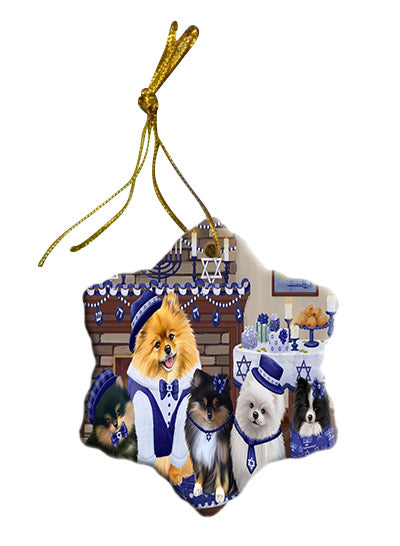 Happy Hanukkah Family Pomeranian Dogs Star Porcelain Ornament SPOR57720