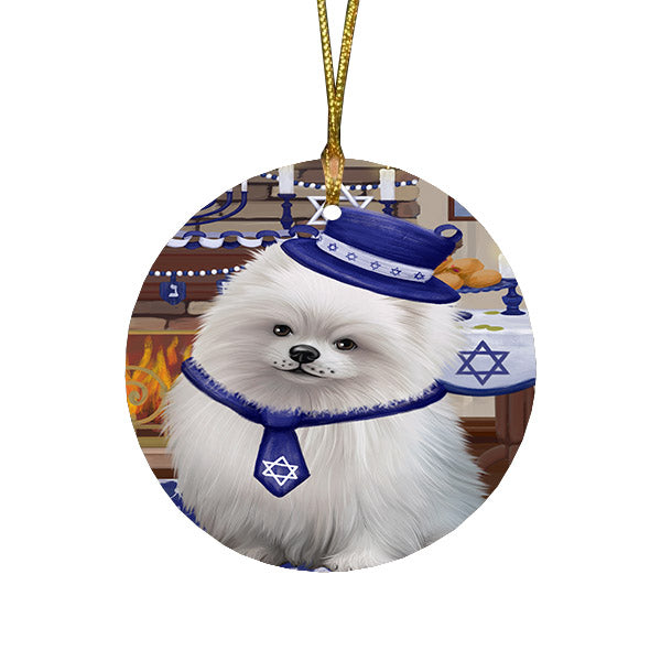 Happy Hanukkah Family and Happy Hanukkah Both Pomeranian Dog Round Flat Christmas Ornament RFPOR57685