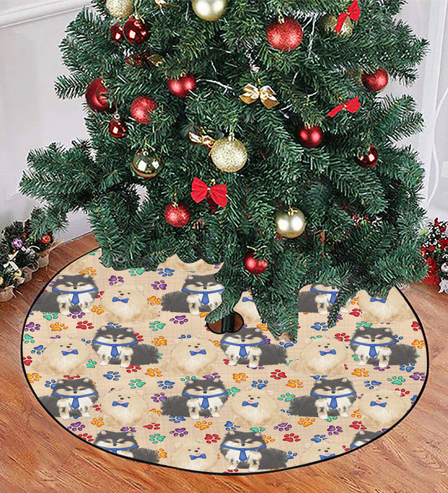 Rainbow Paw Print Pomeranian Dogs Blue Christmas Tree Skirt