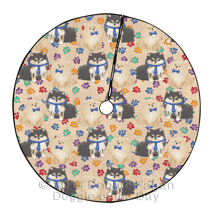 Rainbow Paw Print Pomeranian Dogs Blue Christmas Tree Skirt