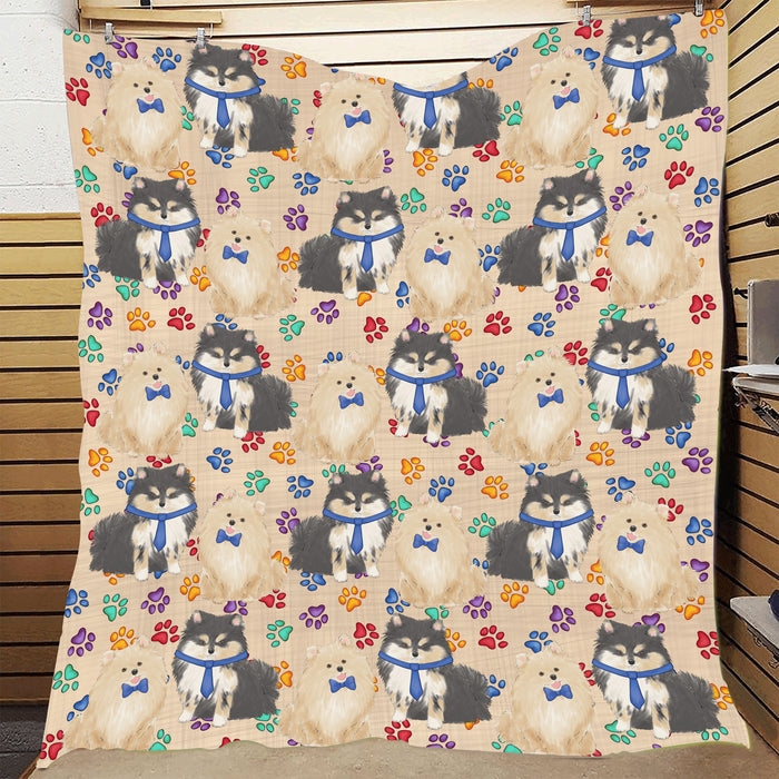 Rainbow Paw Print Pomeranian Dogs Blue Quilt
