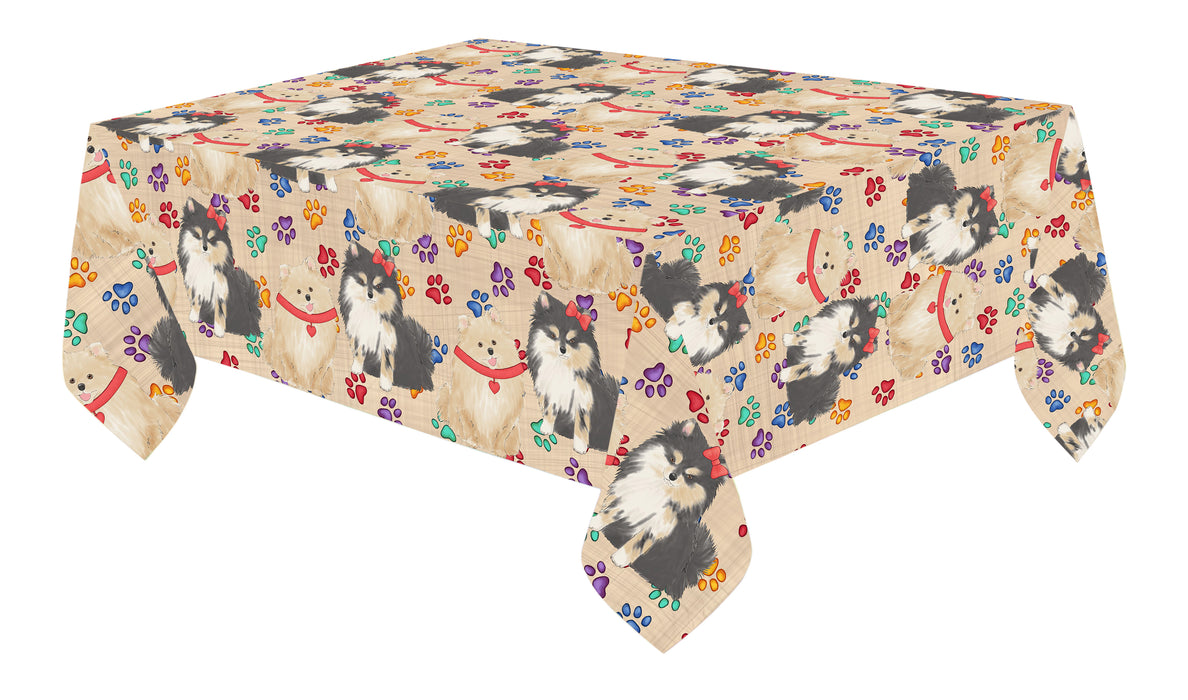 Rainbow Paw Print Pomeranian Dogs Red Cotton Linen Tablecloth