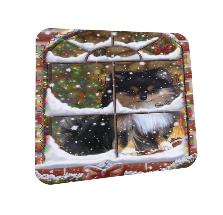 Please Come Home For Christmas Pomeranian Dog Sitting In Window Coasters Set of 4 CST53902