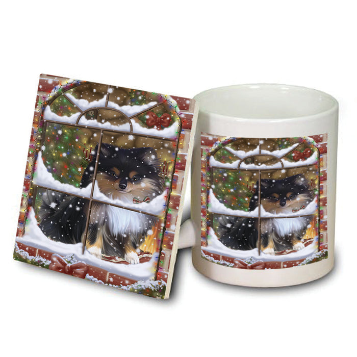 Please Come Home For Christmas Pomeranian Dog Sitting In Window Mug and Coaster Set MUC53936