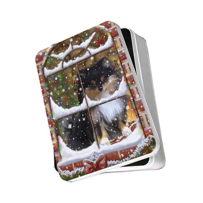 Please Come Home For Christmas Pomeranian Dog Sitting In Window Photo Storage Tin PITN53887