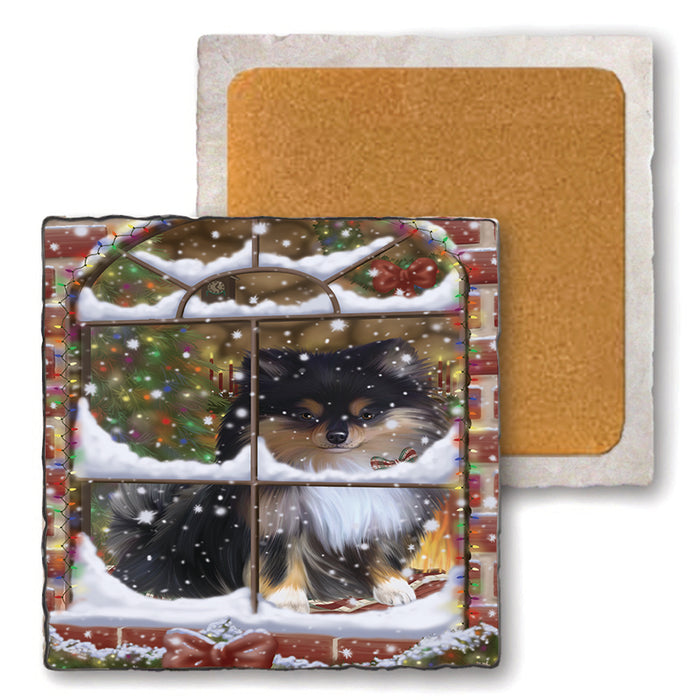 Please Come Home For Christmas Pomeranian Dog Sitting In Window Set of 4 Natural Stone Marble Tile Coasters MCST48944