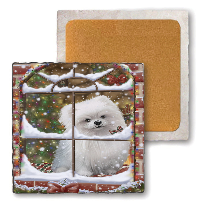 Please Come Home For Christmas Pomeranian Dog Sitting In Window Set of 4 Natural Stone Marble Tile Coasters MCST48945