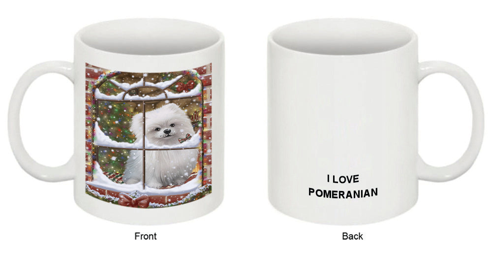 Please Come Home For Christmas Pomeranian Dog Sitting In Window Coffee Mug MUG49343