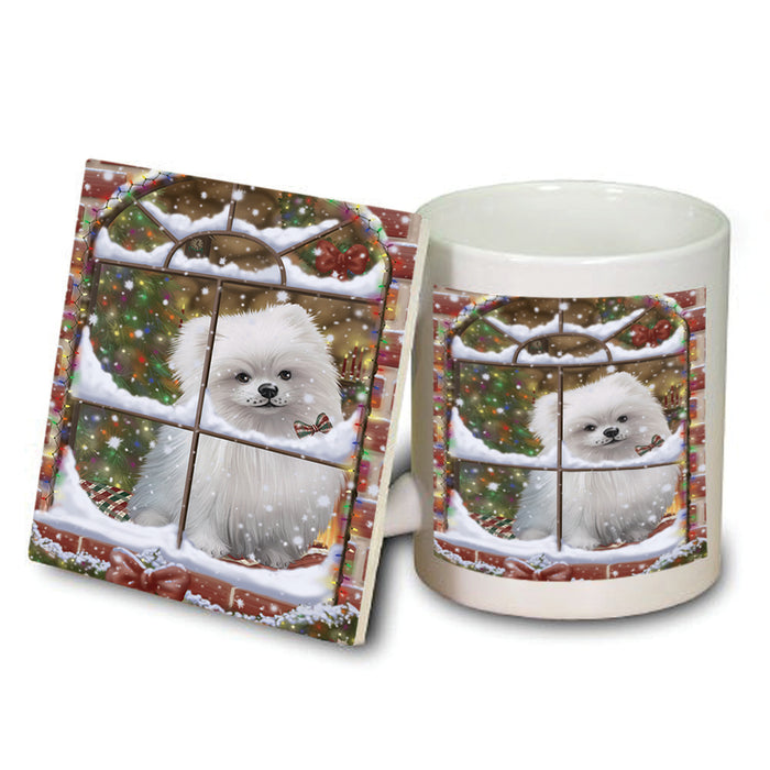 Please Come Home For Christmas Pomeranian Dog Sitting In Window Mug and Coaster Set MUC53937