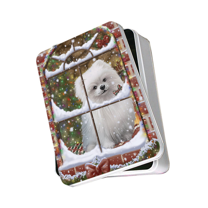 Please Come Home For Christmas Pomeranian Dog Sitting In Window Photo Storage Tin PITN53888