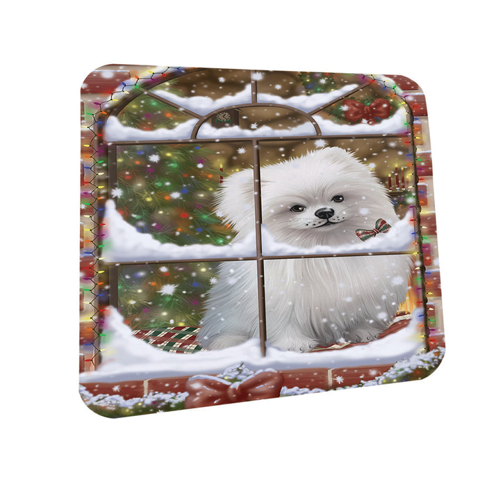 Please Come Home For Christmas Pomeranian Dog Sitting In Window Coasters Set of 4 CST53903