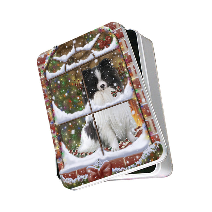 Please Come Home For Christmas Pomeranian Dog Sitting In Window Photo Storage Tin PITN53889