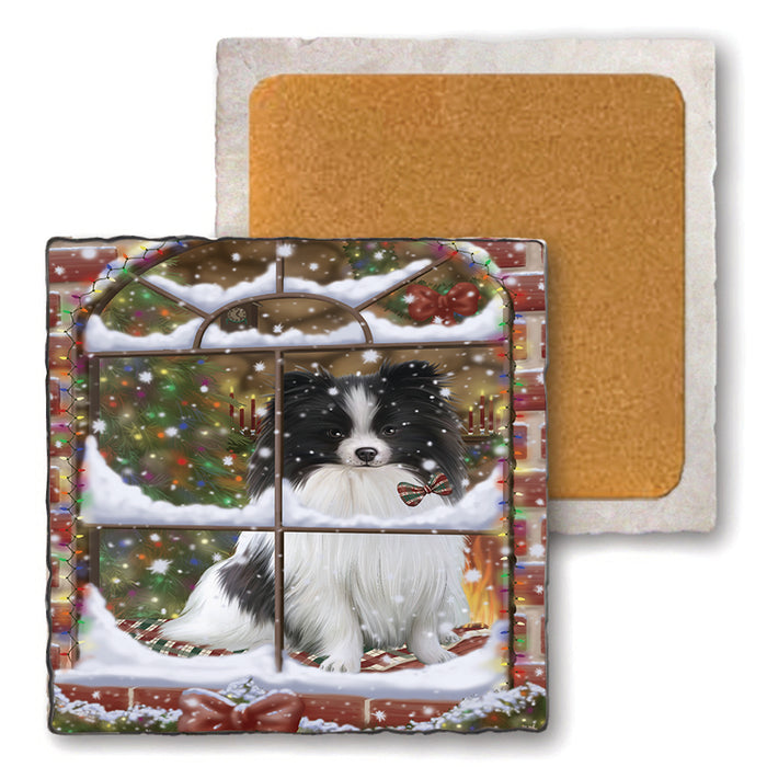 Please Come Home For Christmas Pomeranian Dog Sitting In Window Set of 4 Natural Stone Marble Tile Coasters MCST48946