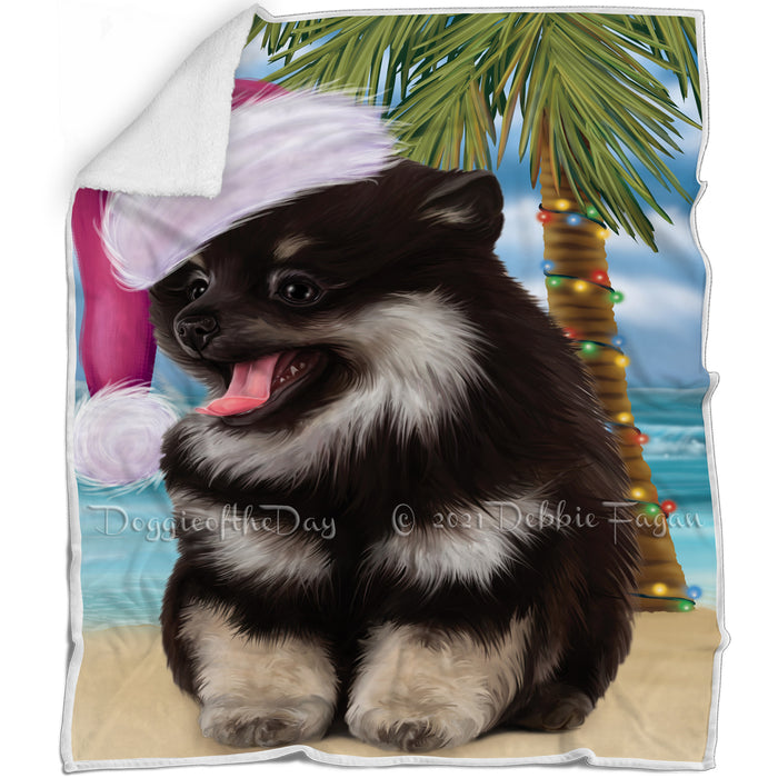 Summertime Happy Holidays Christmas Pomeranians Dog on Tropical Island Beach Blanket
