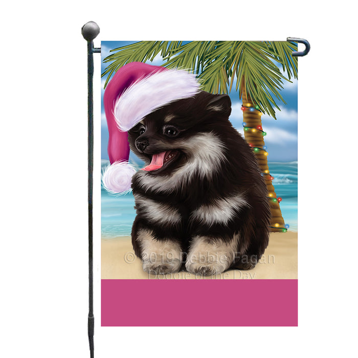 Personalized Summertime Happy Holidays Christmas Pomeranian Dog on Tropical Island Beach  Custom Garden Flags GFLG-DOTD-A60509