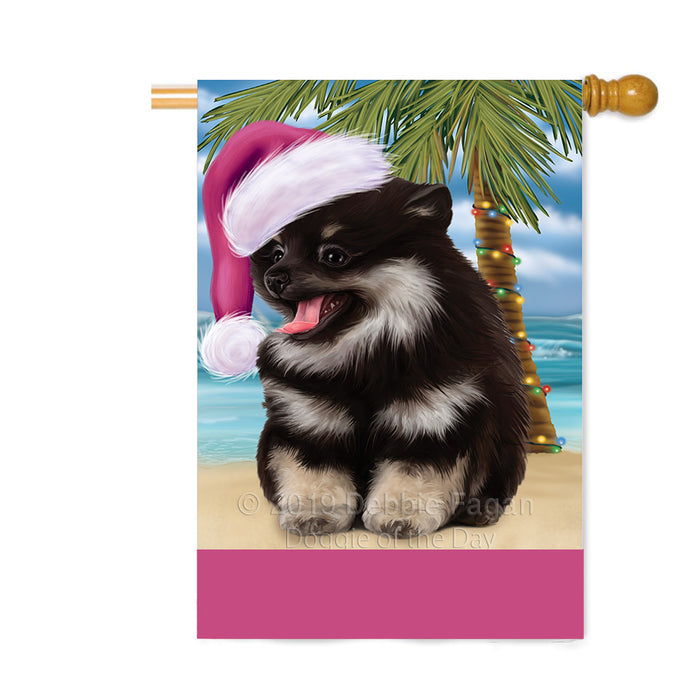 Personalized Summertime Happy Holidays Christmas Pomeranian Dog on Tropical Island Beach Custom House Flag FLG-DOTD-A60565