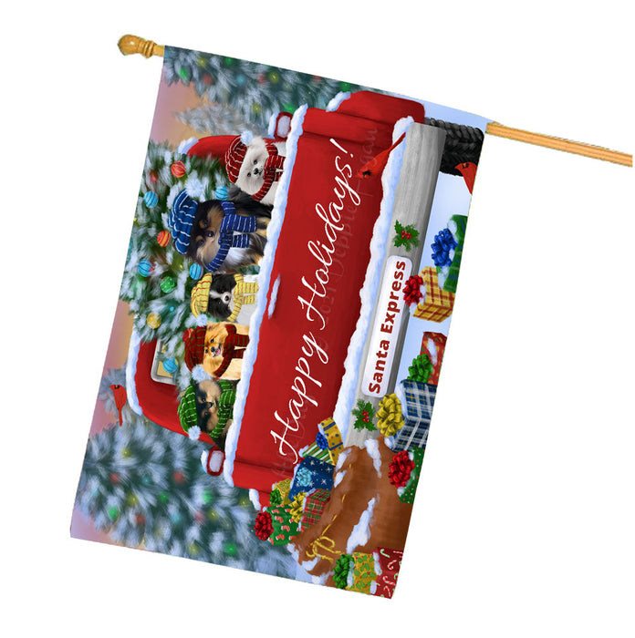 Christmas Red Truck Travlin Home for the Holidays Pomeranian Dogs House Flag Outdoor Decorative Double Sided Pet Portrait Weather Resistant Premium Quality Animal Printed Home Decorative Flags 100% Polyester