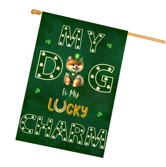St. Patrick's Day Pomeranian Irish Dog House Flags with Lucky Charm Design - Double Sided Yard Home Festival Decorative Gift - Holiday Dogs Flag Decor - 28"w x 40"h